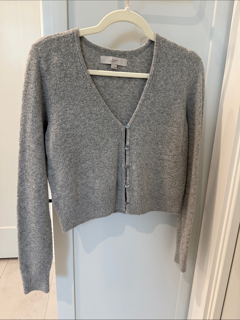 LOFT Light Gray V-Neck Cropped Button Cardigan